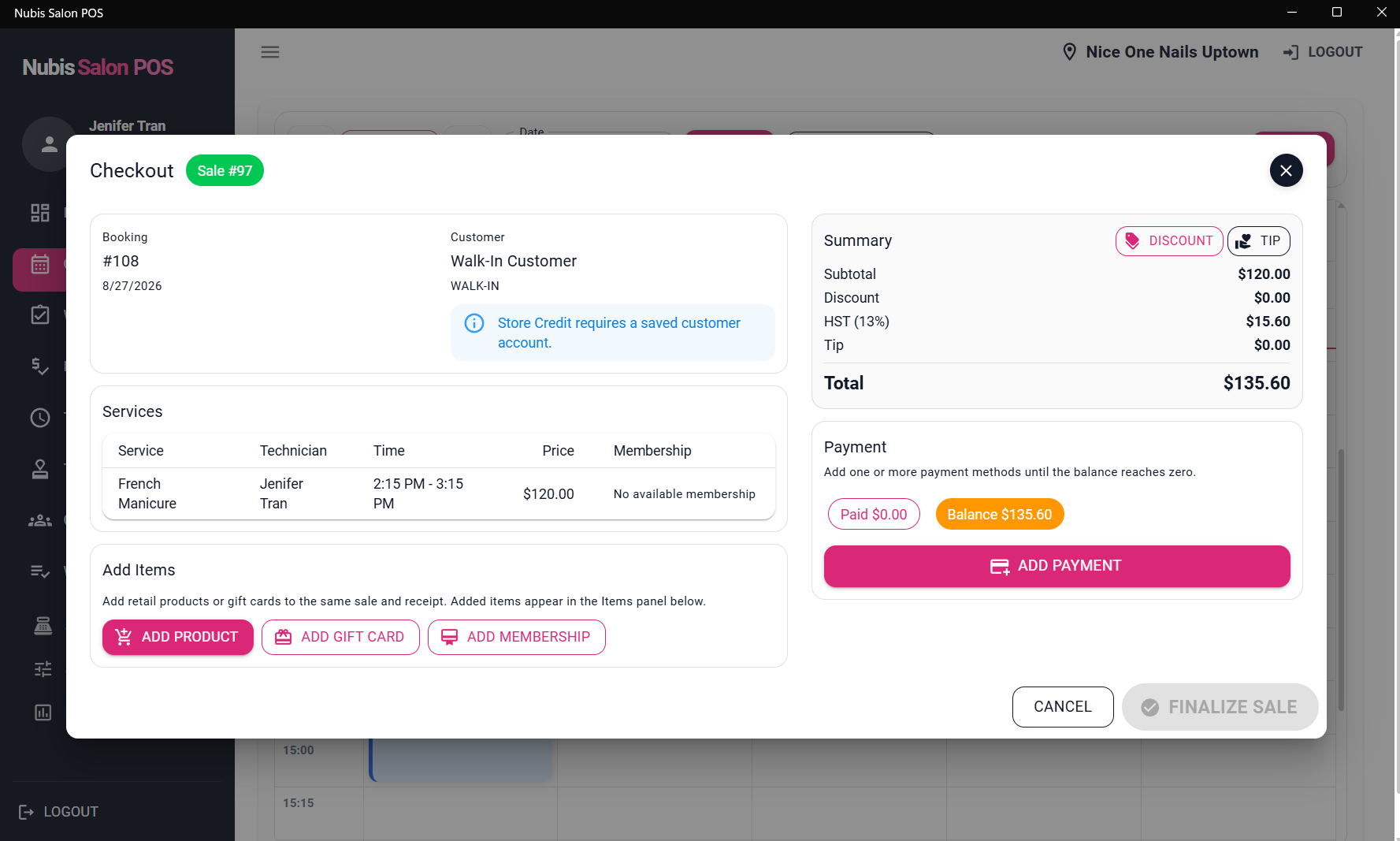Nubis Salon checkout screen